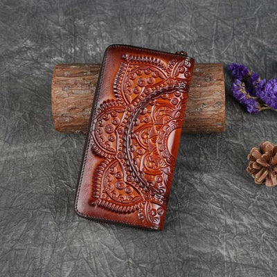 Absco Retro Genuine Leather Women Wallet Handmade Embossed Floral Phone Purse Card Holder
