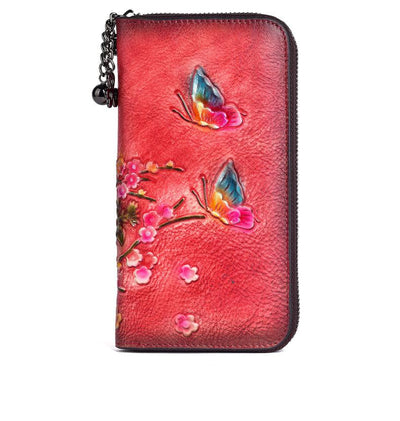 Adaeh Spring Retro Women Leather Long Zipper Wallet Handmade Embossed
